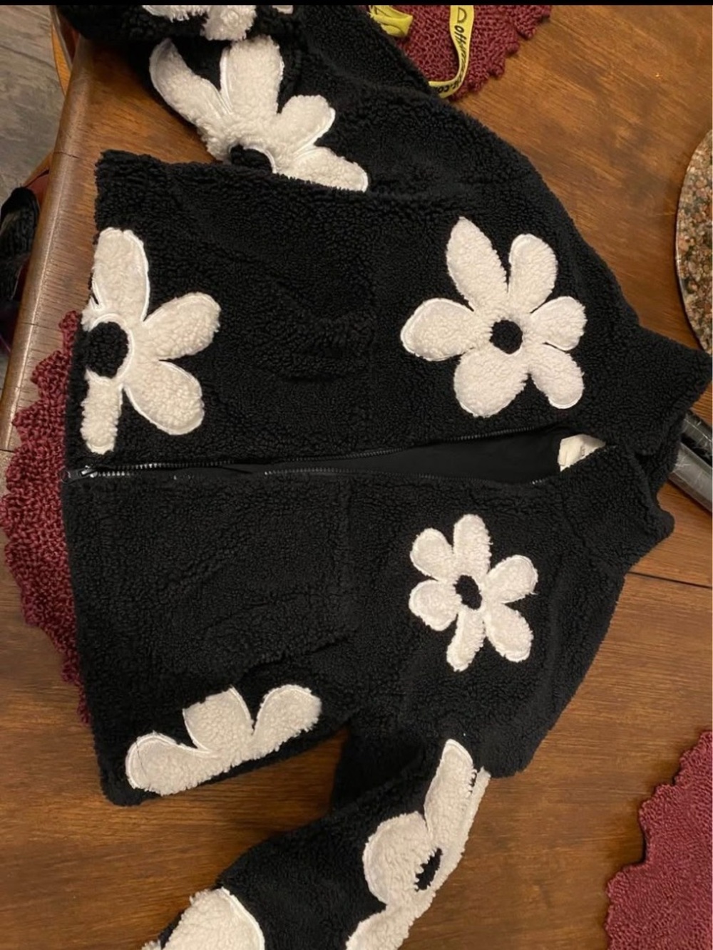 Thread & Supply Black Sherpa Zip Jacket with White Daisy Appliqués